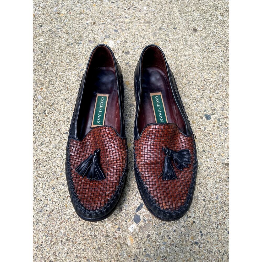 Cole Haan Women's Loafers Sz 8B Brown Woven Black Leather Tassel Round Apron Toe